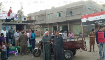 أهالى قرية بالدقهلية يصنعون مجسمًا لجندى وعروسه أمام لجنة انتخابية.. صور